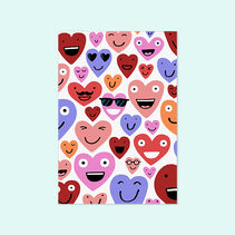 Greeting card cover with illustrations of colorful smiling heart characters
