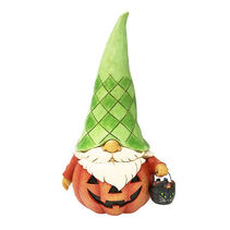 Gnome with a tall green hat dressed in a jack-o’-lantern costume