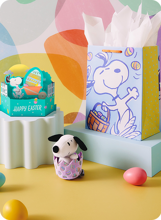 Snoopy-focused Easter Peanuts pop-up card, gift bag and stuffed animal