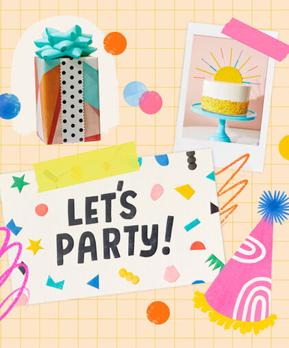 Birthday present, cake and hat with sign reading: Lets Party!