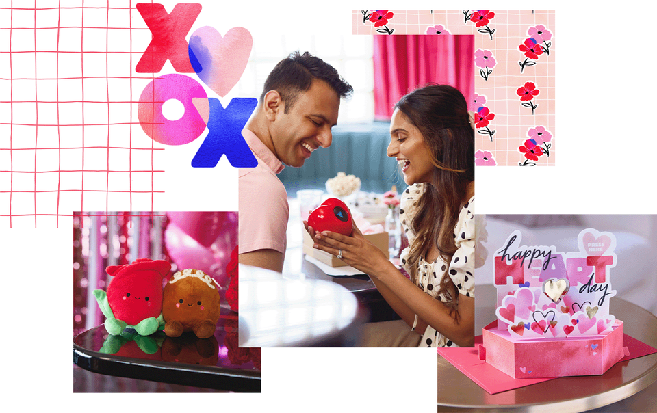 Callage of Valentines Day gifts and cards with a cute couple in the center.