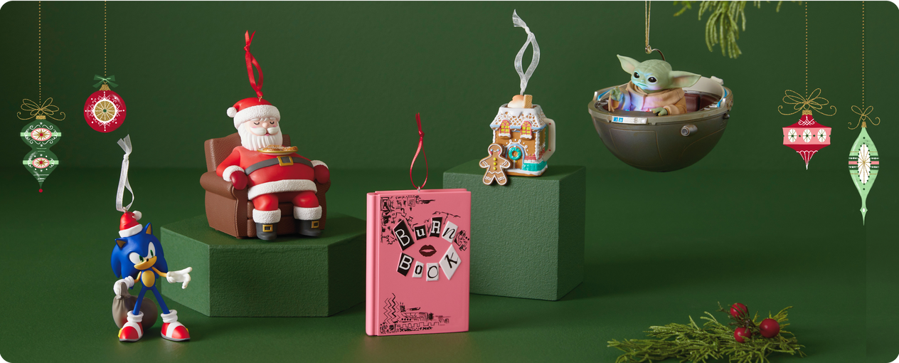 Multiple Christmas ornaments like Santa, Sonic the Hedgehog, Grogu from Star Wars and more.
