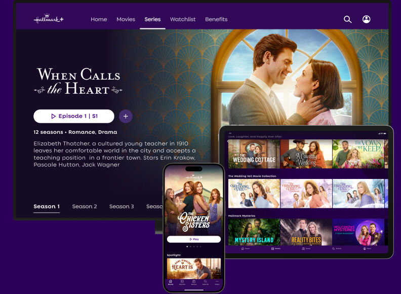 Computer, tablet and phone screens showing Hallmark+ homepage and shows