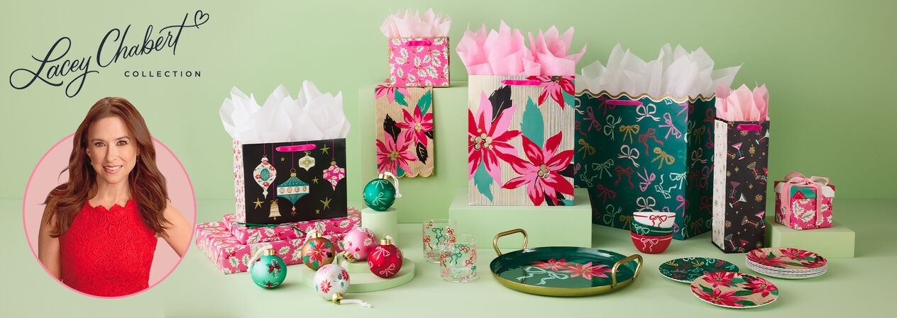 Lacey Chabert collection featuring holiday gift bags, ornaments, and kitchenware