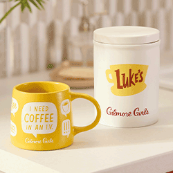 Gilmore Girls products | A mug that reads "I need coffee in an IV" and a container that reads "Lukes"