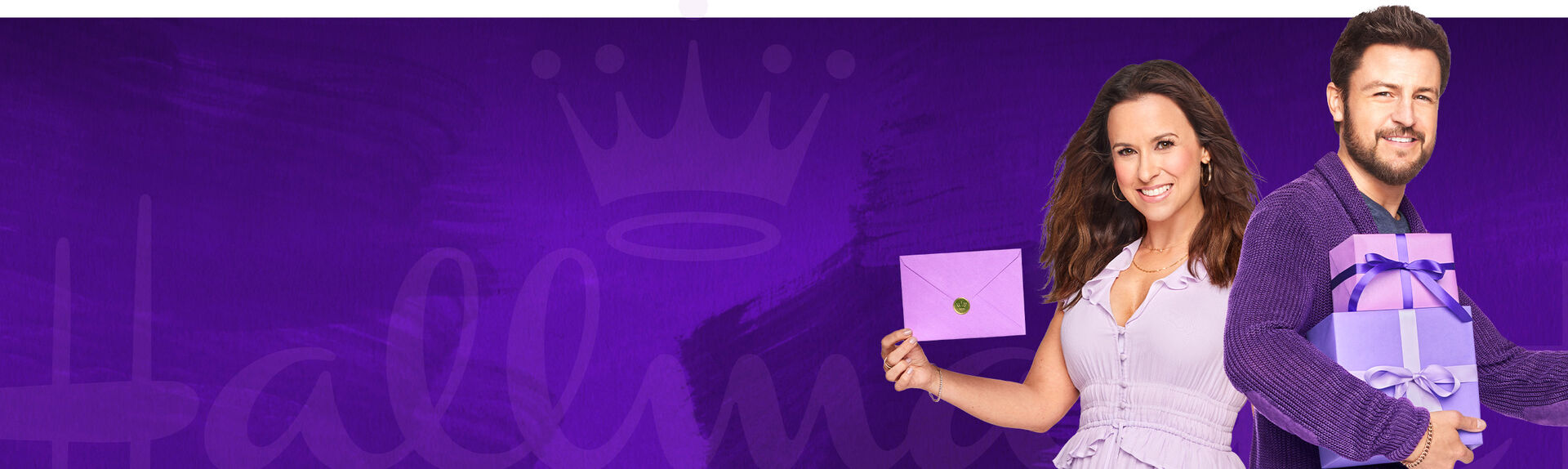 Woman holding a sealed envelope next to a man holding wrapped presents