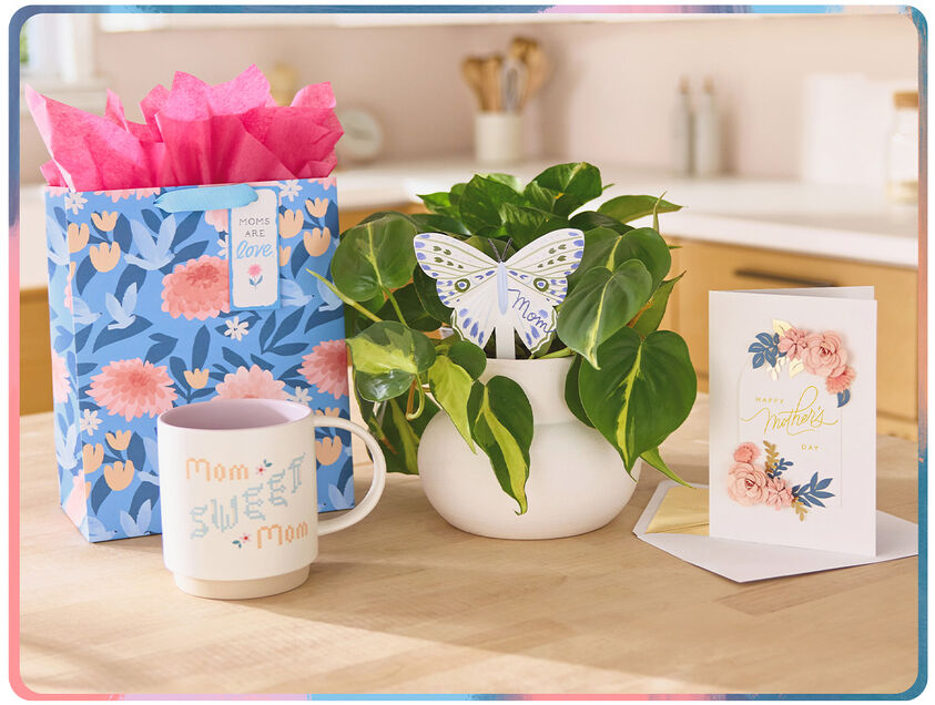Mothers Day mug, plant stake card and gift wrap.