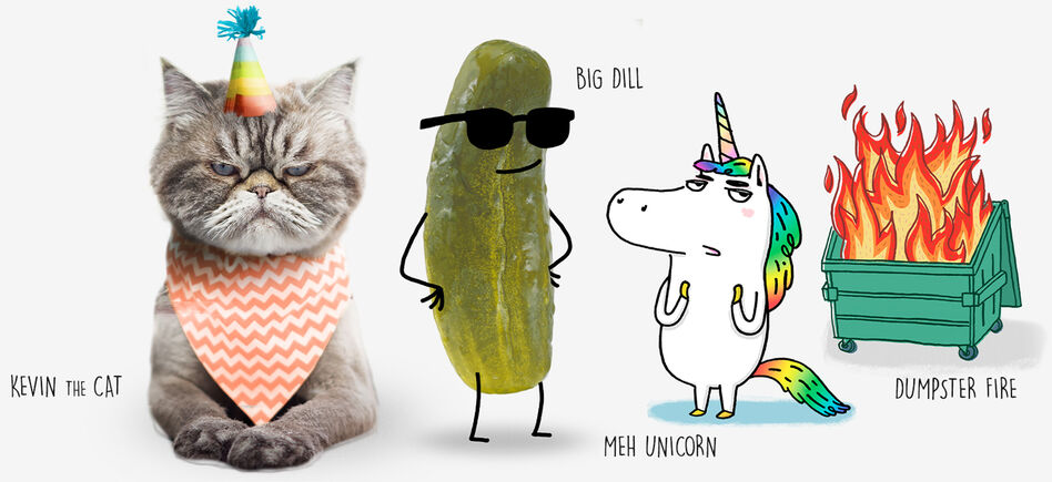 Kevin the Cat, Big Dill, Meh Unicorn and Dumpster Fire