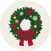 Illustrated wreath with ornaments and a red bow.