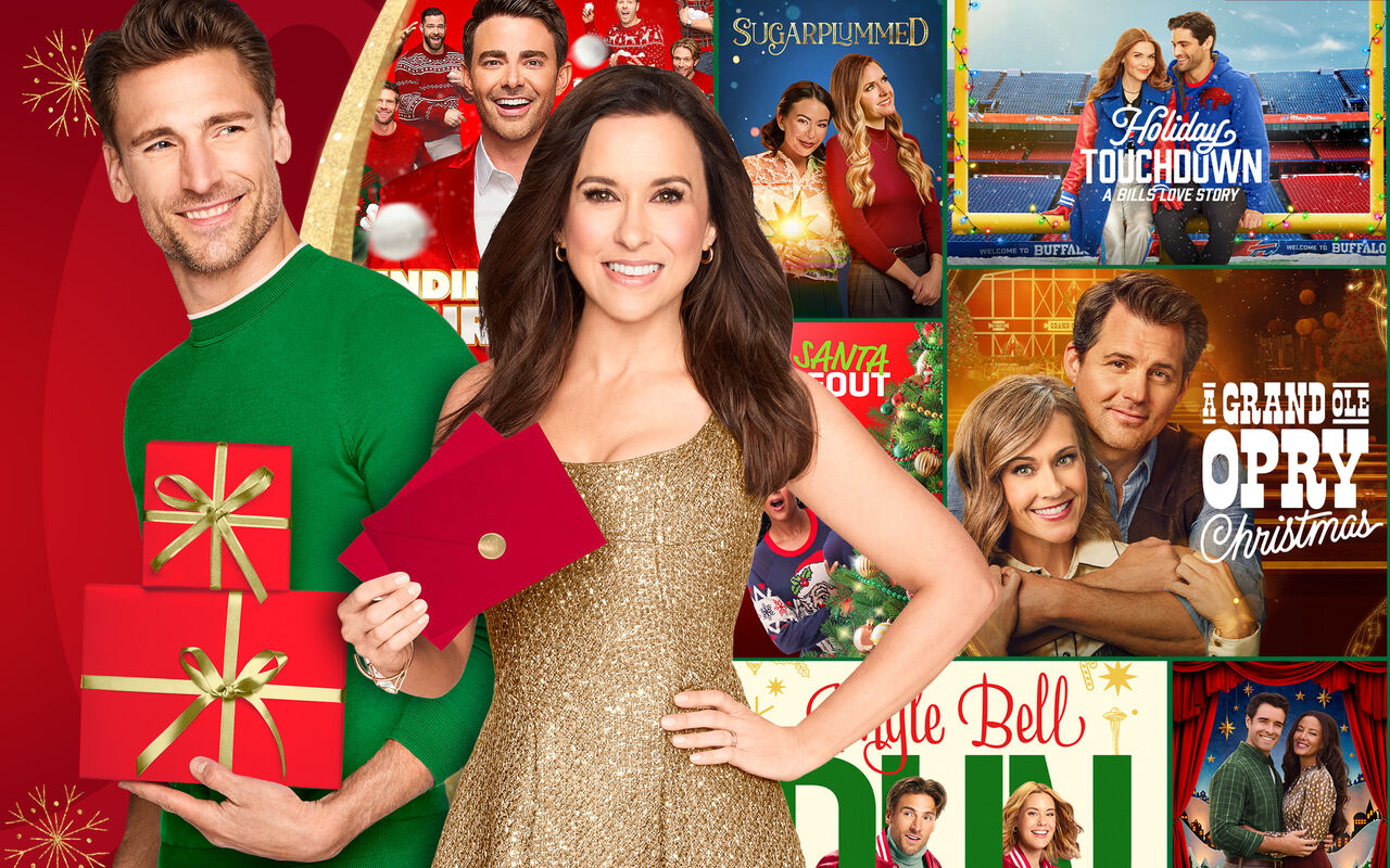 Lacey Chabert and Tyler Hynes in front of a collage of holiday movies