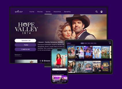 Screenshot of Hallmarkplus.com homepage on a phone, tablet, and desktop screen
