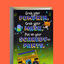 Illustrated, retro-style boom box with dancing monsters and music notes. Cover message: grab your pumpkin, grab your mask, put on your scaredy pants