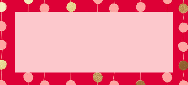 Pink square on a pink, red and gold polka dot background.