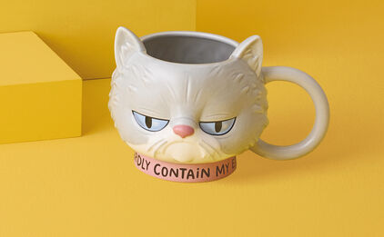 Frowning cat mug on yellow background