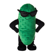 Pickle stuffed animal with sunglasses and arms on its hips. 