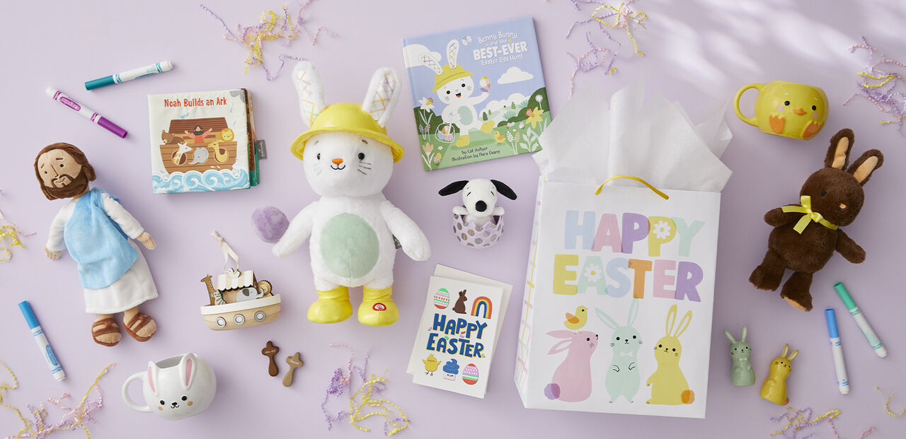 Spread of Easter gifts, cards, books, gift bags and more