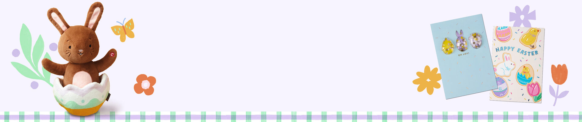 Illustrated flowers and butterfly with chocolate bunny plush and 2 Easter greeting cards