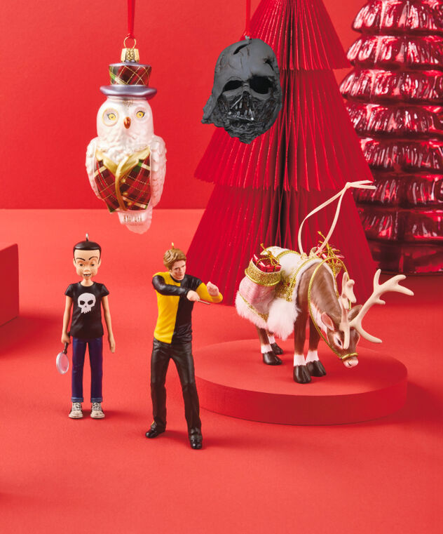 Five limited-quantity ornaments on a red background