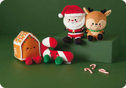Santa and reindeer, and gingerbread house and candy cane Better Together plush