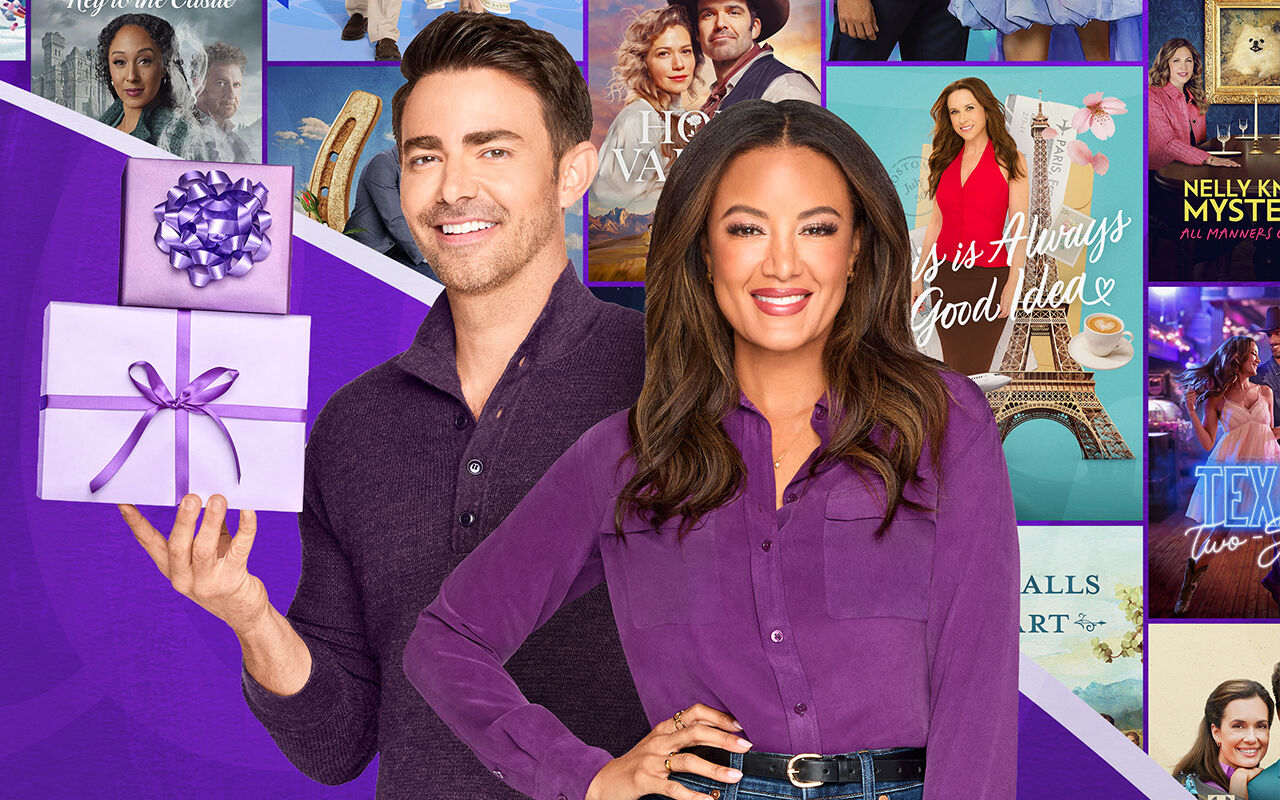 Hallmark stars in front of a collage of Hallmark Channel movies