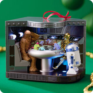 Chewbacca, R2-D2 and C-3PO playing dejarik ornament
