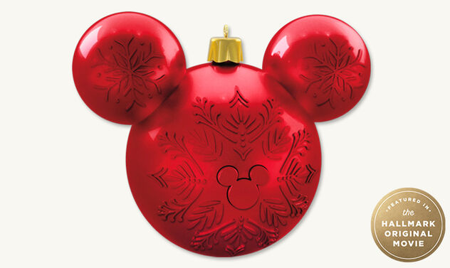 Disney Favorite Disney Memories Recordable Sound Ornament of red Mickey Mouse head and ears decorated with snowflakes.