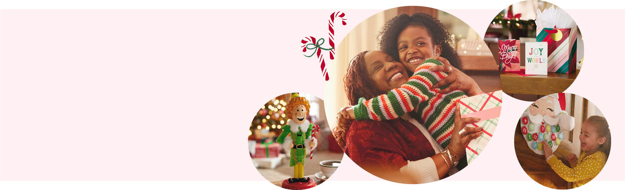 Elf ornament, mom and daughter hugging, Christmas cards, and girl playing with Santa-themed advent calendar