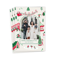 Flat card with vintage-inspired illustrations of holiday scenes—including Santa and his reindeer, an ice skating pond, shop, house and carousel—in a festive red, green and pink color palette framing your photo
