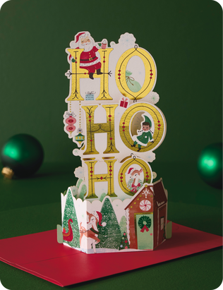 Ho-ho-ho pop-up Christmas card with a red envelope.