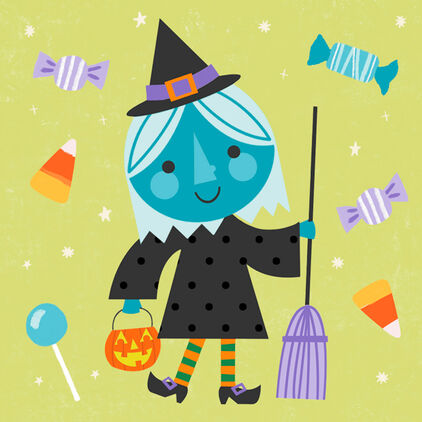 A fun image of a witch and candy, illustrated in a childlike style