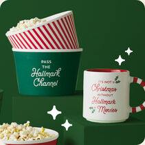 Hallmark Channel popcorn bowls and Christmas mug