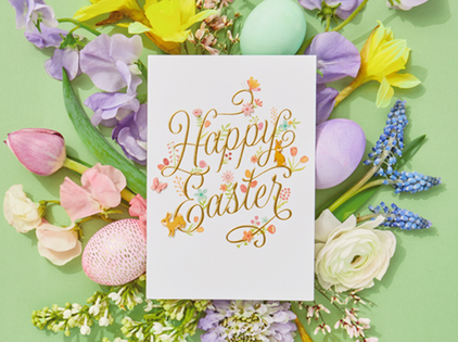 Card with Happy Easter' over a bouquet and Easter eggs