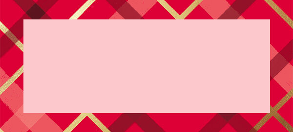 Pink square on a pink, red and gold plaid background.