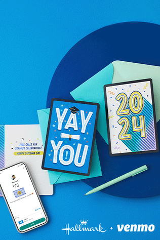 Cards that say "Yay you" and "2024" and a phone with "$75 gift" on the screen