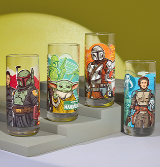 assorted nostalgic glassware featuring drawings of characters from Star Wars The Mandalorian
