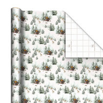 Snowy Cottage on White Holiday Wrapping Paper Roll, 22.5 sq. ft.