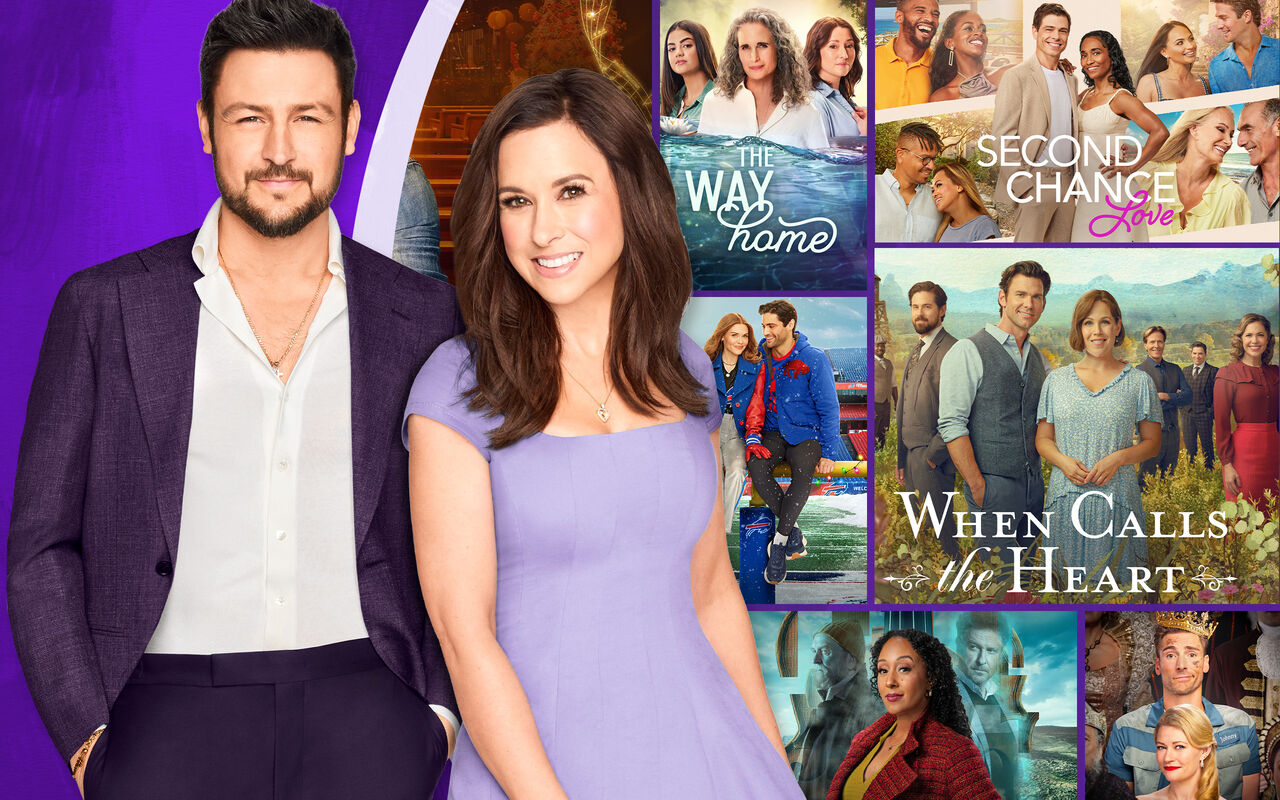Lacey Chabert and Tyler Hynes in front of a collage of Hallmark Channel movies