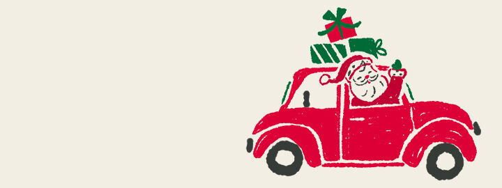 Santa driving a small red car with gifts on top of it.