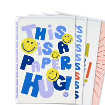 Multi-occasion cards pack with four playful lettering designs in pink, red, blue, yellow and lavender with uplifting and grateful messages.
