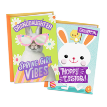 Granddaughter and Grandson Easter card with ‘Spring girl vibes’ and ‘Hoppy Easter’ on them.