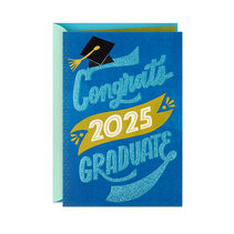 Blue card with a grad cap and ‘Congrats 2025 Graduate’ on it