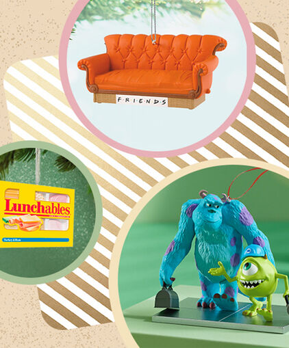 Images of a Lunchables ornament, a Friends couch ornament, and Mike and Sully ornament.