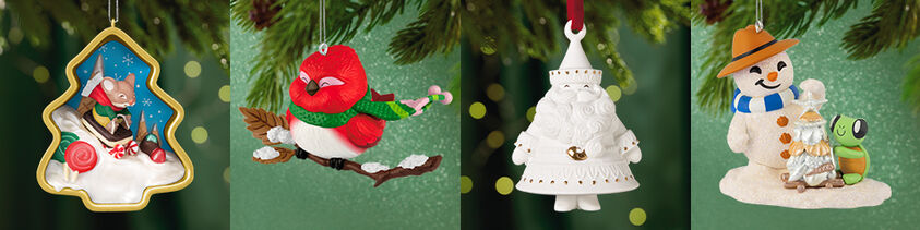 Four images holiday-themed ornaments hanging from a branch.
