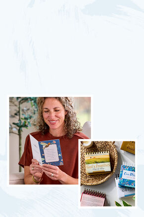 Photos of a woman reading a card and a table with DayBrighteners on light blue background.