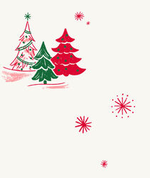   Red and green illustrated Christmas trees and snowflakes