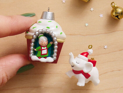 Grandma in a cupcake ornament and white elephant ornament