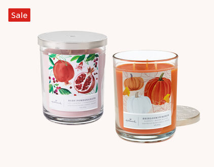 Sale Ruby Pomegranate and Heirloom Pumpkin 3-wick candles.