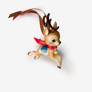 Reindeer ornament with a bow on the neck. 