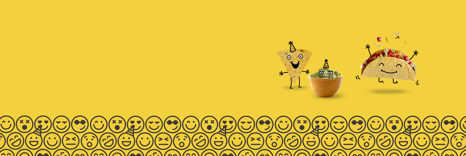 Taco and chip characters celebrating with guacamole. Bottom border of many reaction face emoticons