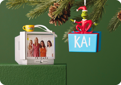 Friends TV show and the Grinch personalized ornaments
